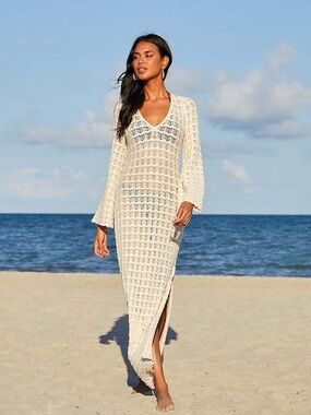 Lulus Sunshine Style Beige Crochet Maxi Swim Cover-Up Long Sleeve Pointelle Boho